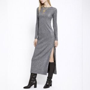 Ottod Ame Essence Maxi Dress Women's 4 Black Metallic Long Sleeve Side Slit Even